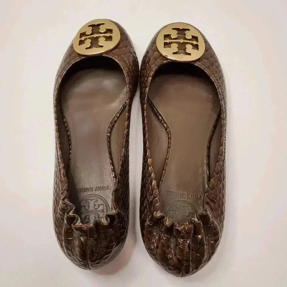 TORY BURCH Reva Ballet Flats Brown Snakeskin Print Leather w/ Gold Logo SIZE 7 - Picture 2 of 6